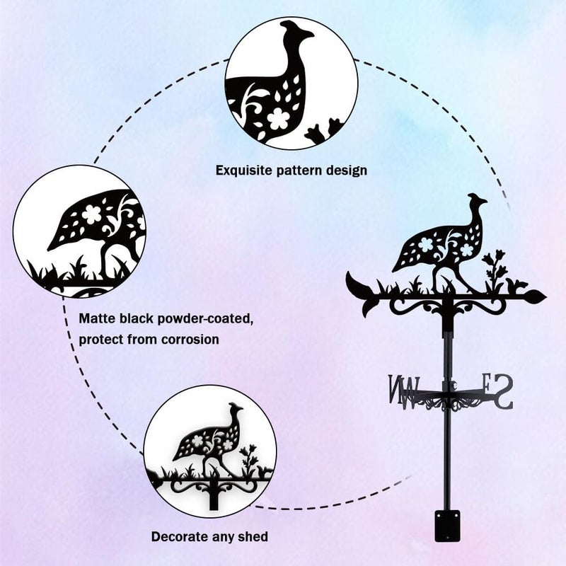 beinkmake Guinea Fowl Weathervane Metal Wind Vane Animal Flowers Garden Art Decoration Direction Sign Indicator Stake Mount Ornament for Patio Lawn Farmhouse Yard Roof Outdoor - Image 3